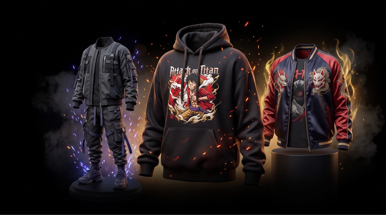 Anime Kleidung Banner – Bomber-Set, Hoodie und Satin-Jacke im Anime-Look