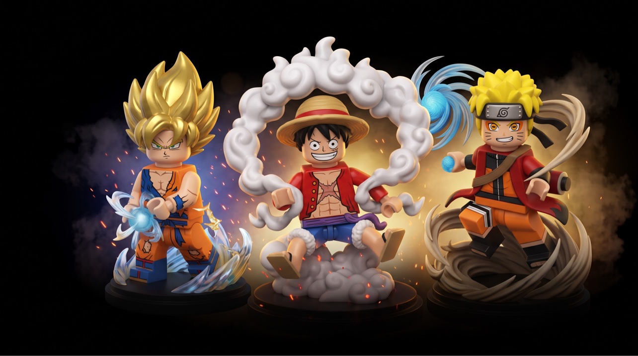 LEGO Figuren Banner – Goku, Ruffy und Naruto als LEGO-Minifiguren