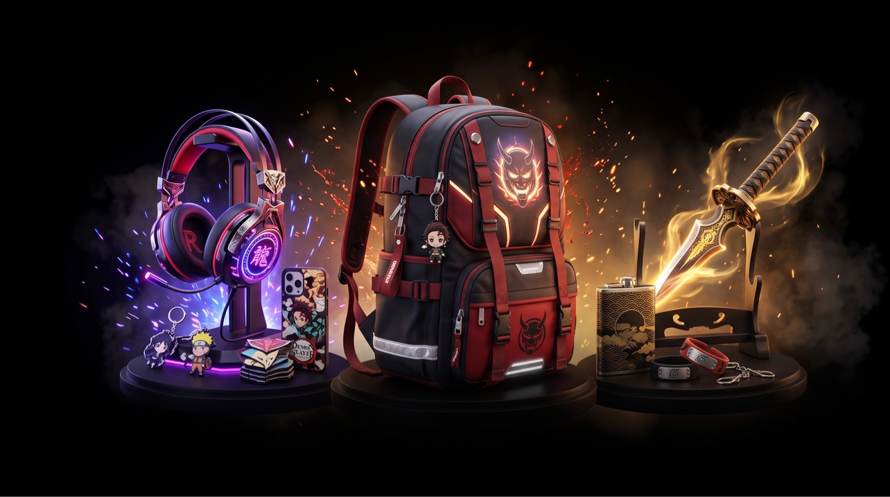 Anime Zubehör Banner – Kopfhörer, Rucksack, Katana und Schlüsselanhänger