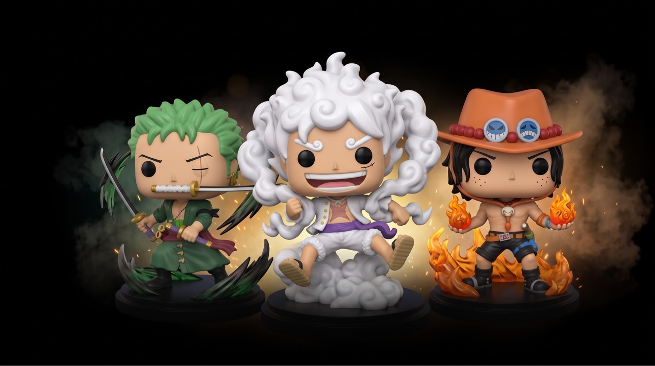 Funko Pop One Piece Banner – Zoro, Ruffy Gear 5 und Ace als Funko Pop Figuren