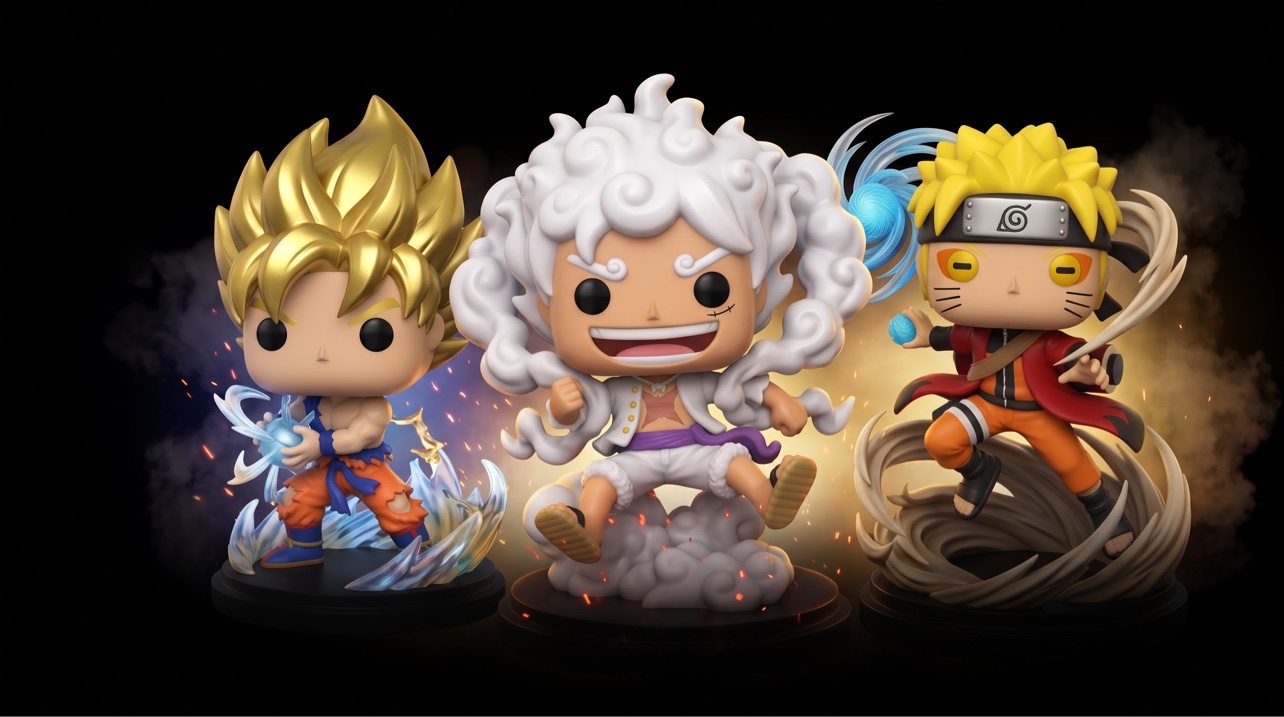 Funko Pop Figuren Banner – Goku, Ruffy Gear 5 und Naruto als Funko Pop Figuren
