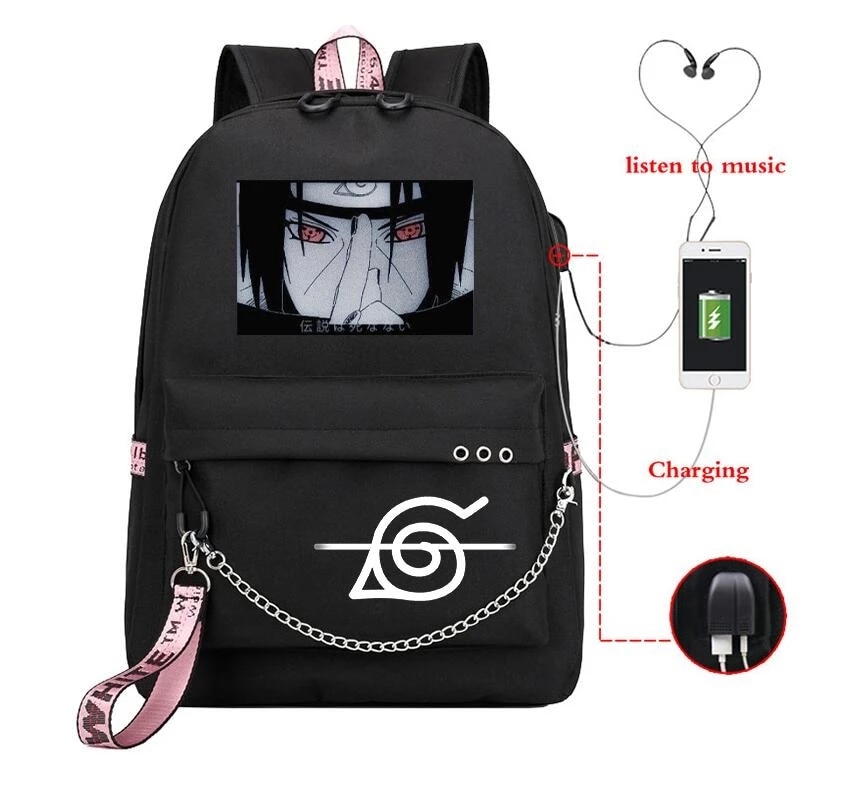Naruto Rucksack Itachi Sharingan – Canvas-Rucksack mit Ladeanschluss