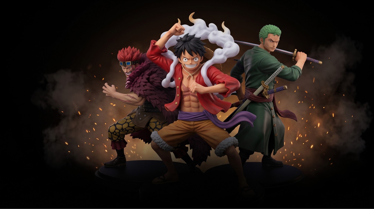 One Piece Figuren Banner – Ruffy, Katakuri und Zoro