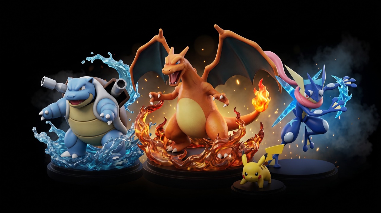 Pokémon Figuren Banner – Turtok, Glurak, Greninja und Pikachu